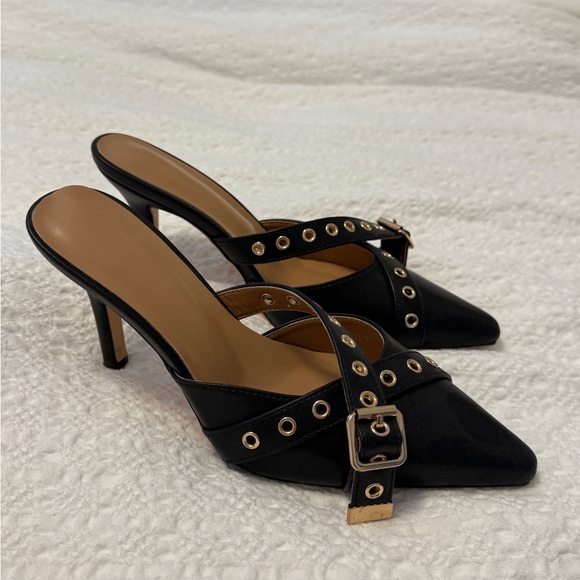 Shoes - Elegant Black Heeled Mules with Gold Accents